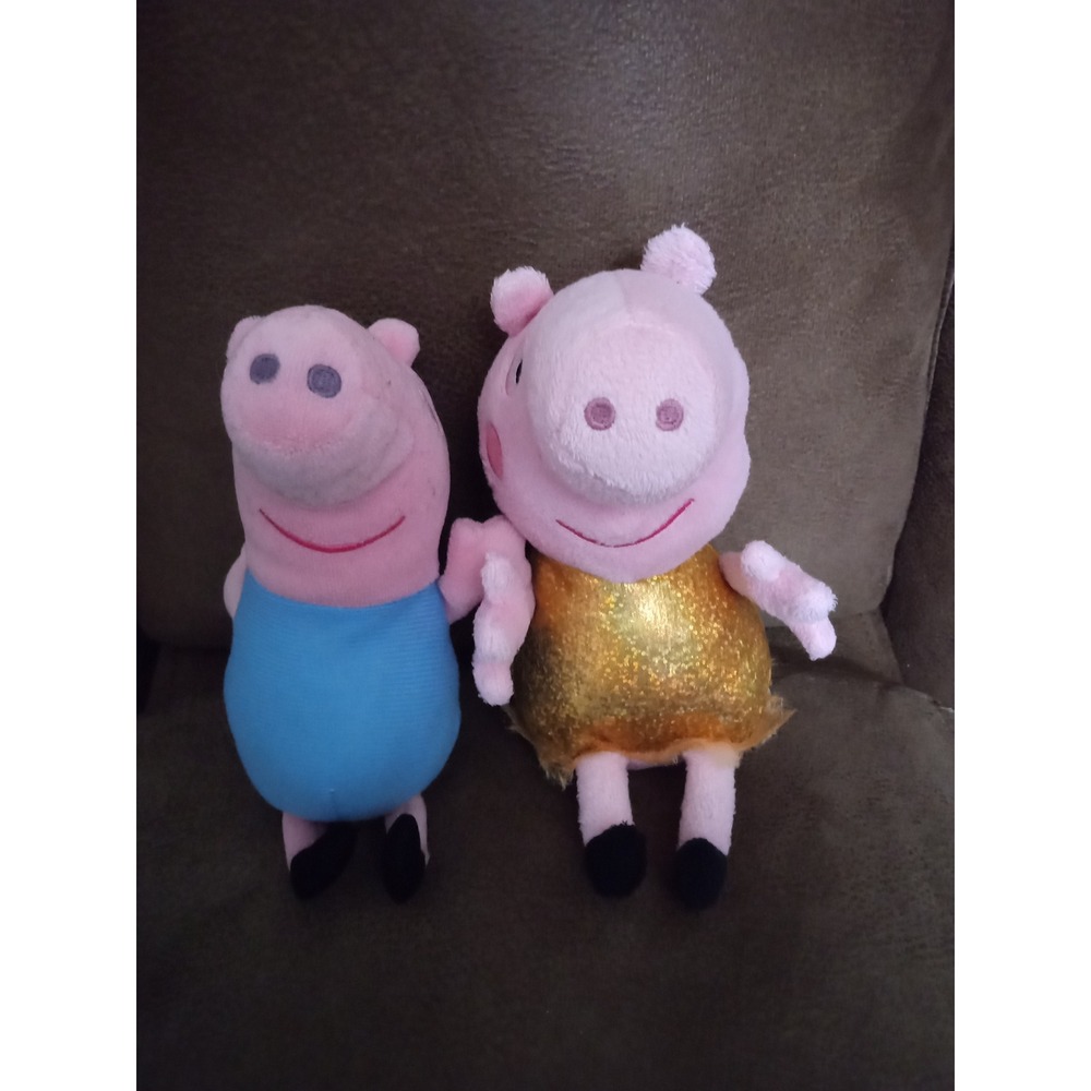 Peppa Pig and George Pig Plush Set Gold Glitter Dress and Blue Zipper Clip Pouch